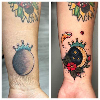 By Frankie, an add-on/cover-up/fix, it was supposed to be a moon with a crown. He turned it into an actual work of art!