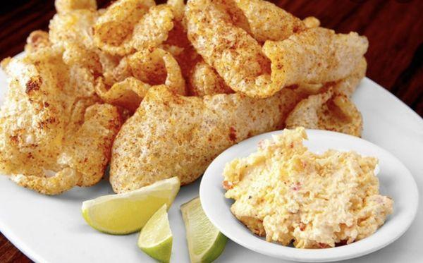 Homemade pimento cheese with hot fresh crackling pork rinds