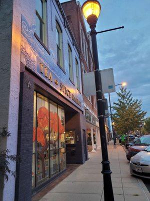 Front of building at dusk