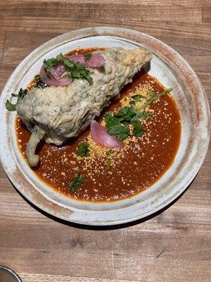 Chili rellenos - made with gluten free flour! Breaded stuffed poblano pepper with a smokey chipotle tomato sauce