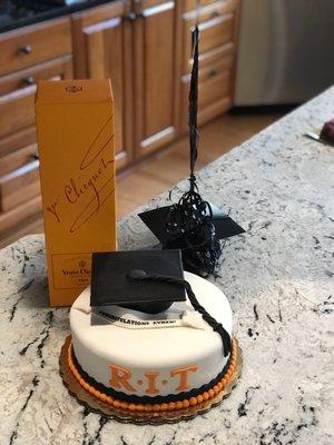 RIT Graduation Cake (8 inch round, chocolate cake with chocolate ganache buttercream and fondant)