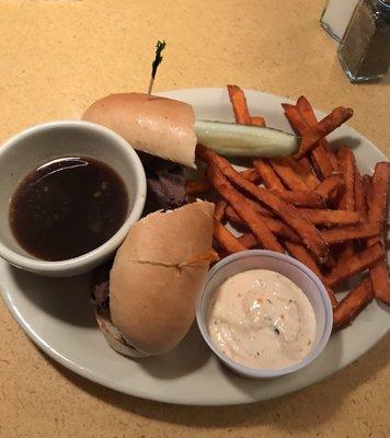 Pot roast sandwich w/sweet potato fries. One of the best French Dip-type sandwiches I've had with piping hot crispy fries.