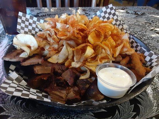 Burnt ends, brisket, fried green beans, house made potato chips