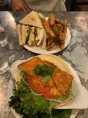 Club sandwich with sweet potato fries, and coconut club on pita