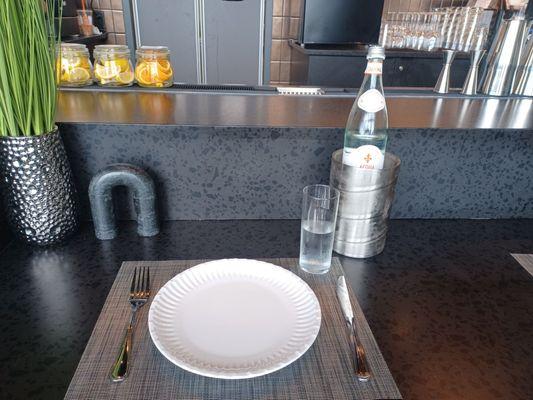 Nice setup at a low seat (ADA compliant) in the bar with some bottled water.