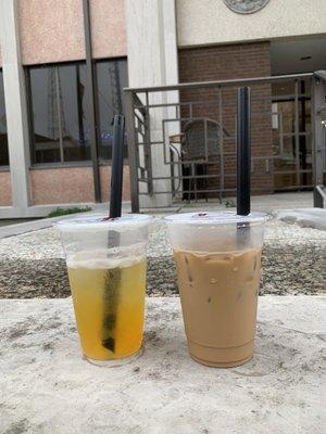 Summer peach tea with mango popping boba on the left and on the right, Vietnamese coffee!