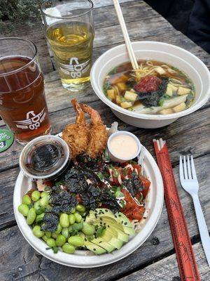 Tofu Ramen and Spicy Tuna Bowl with Coconut Shrimp