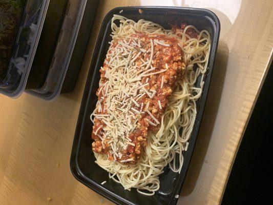 Ground chicken and angel hair pasta