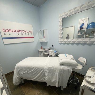 Gregory's treatment room is bright and inviting and filled with his wonderful products and facial equipment.