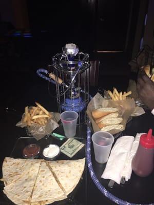 Chicken quesadilla fried chicken cheese steak roll and hookah