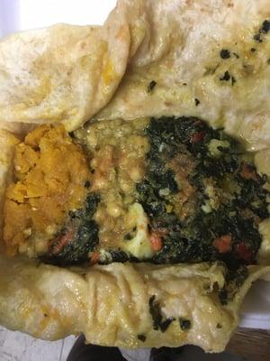 Side by side: sweet pumpkin, chickpeas, seasoned calaloo in a chickpea roti