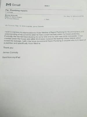Some customers do not have a Yelp Account so they sent an email. Glad to have another Happy Customer.  Thank You for choosing Rapid Plumbing