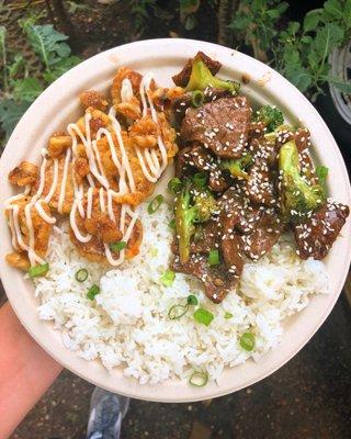 Vegan Combo Plate: Honeyless Walnut "Chicken" + "Beef" with Broccoli, served with rice.