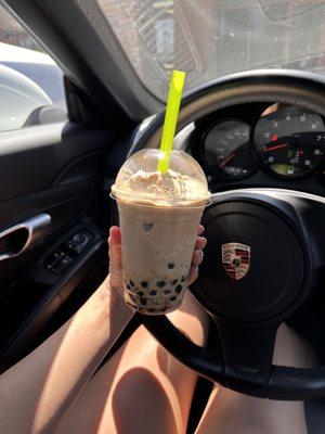 Milk tea blended with black boba pearls