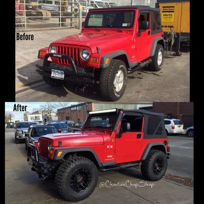 Check out this before and after of this Jeep Wrangler we added a 2.5" lift kit and 17" Worx Rims with 33" Mickey Thompson tires.