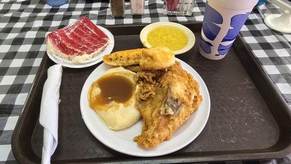 Fried chicken, mashed potatoes, cream corn, corn bread, red velvet cake