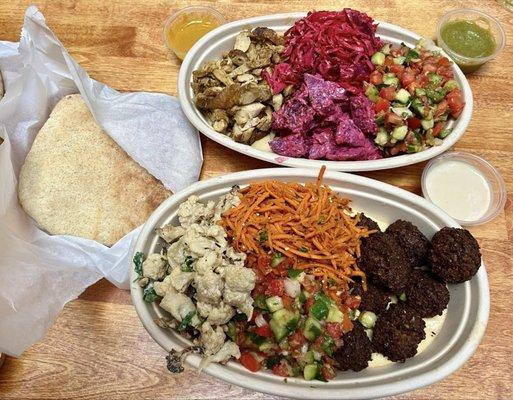 Pita, Chicken Shawarma, Red Cabbage, Roasted Beets, Roasted Cauliflower, Moroccan Carrots, Falafel, Hummus