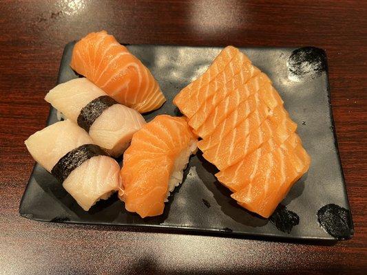 Yellowtail nigiri, salmon nigiri and salmon sashimi.