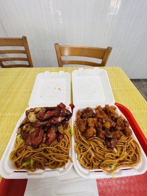 Orange chicken, chow mein, short rib