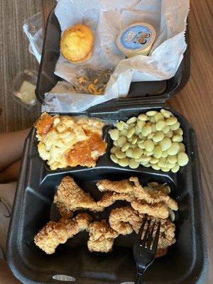 Fried Catfish Nuggets, Mac and cheese and lima beans...yummy :-)