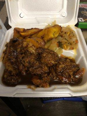 Jerk Shrimp with fried plantains and cabbage