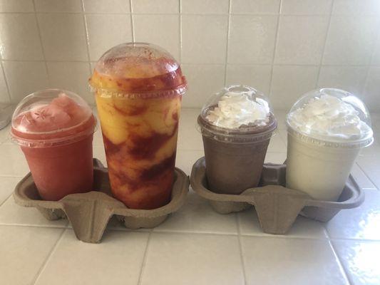 Watermelon, Chamoyada, peanut butter chocolate, and pina colada