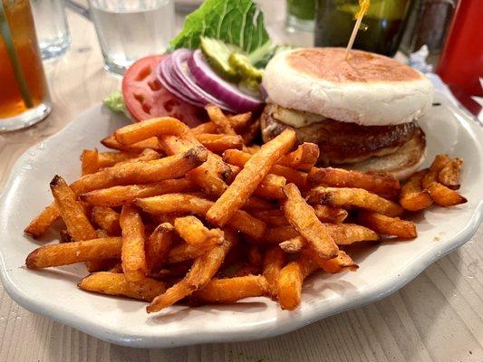 Cast Iron Turkey Burger with sweet potato fries!