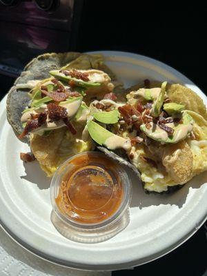 Bacon and egg breakfast tacos with avocado