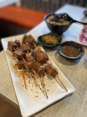 Fried beef cube skewers