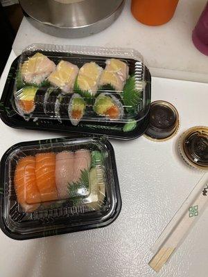 Brighton beach roll, salmon avocado roll, salmon sushi and yellowtail sushi