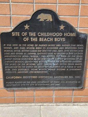 The Bronze Plaque on The All Brick Structure. The Beach Boys Historic Landmark in Hawthorne CA