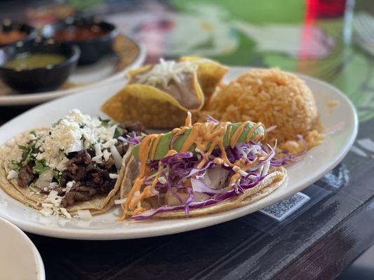 Skirt steak taco and cod taco