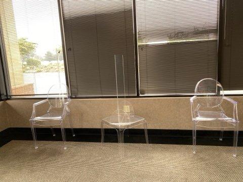 Lobby/Waiting Area..."easy-to-disinfect "ghost" chair... Social Distance applied