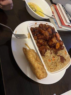 orange chicken, fried rice, egg roll