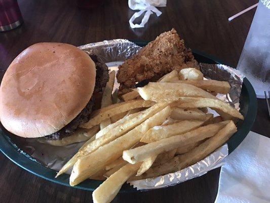 Compadre Plate- Cheese burger, fries, and fried chicken breast!