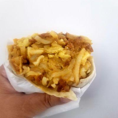 Fantastic Cafe: Chili Breakfast Burrito; eggs, hashbrowns and chili