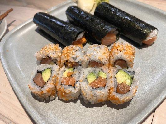 Alaska roll (happy hour) and  Temaki (hand rolls) in back