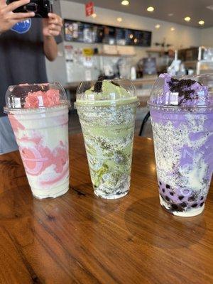 Ube Milkshake, matcha tea, Strawberry Cheesecake