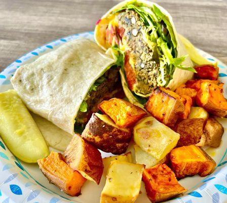 Black Bean Butger Wrap & Side of Potatoes