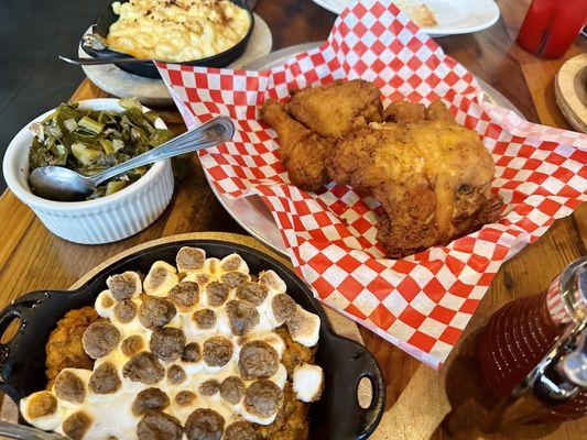 Chicken, Mac & cheese, collards, and sweet potato casserole