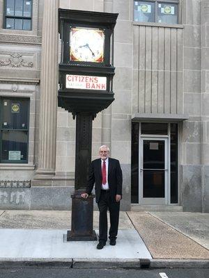 Photo of Lloyd Kelso on Main Street Gastonia where he was born and has practiced law for 45 years.