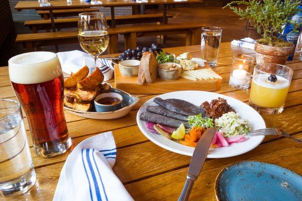 Small Plates! Braised Pork, Cheese Board and Sweet Potato Wedges.