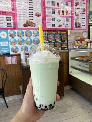 Honeydrew smoothie with almond milk, boba, and whipped cream