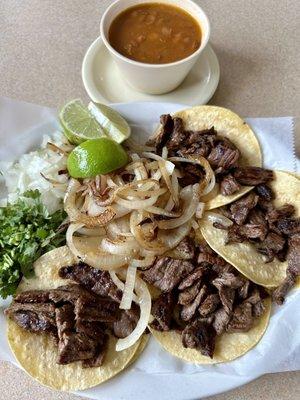 Mini Tacos Plate with Beef Fajita, charro beans.