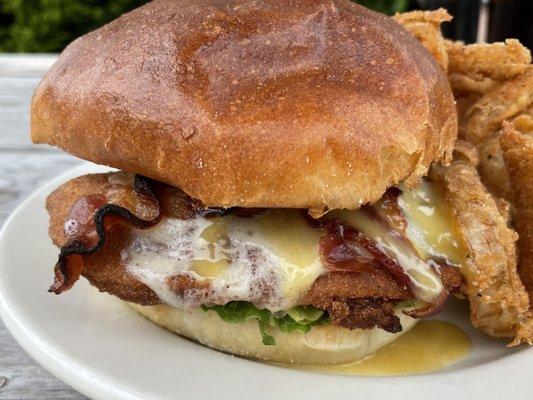 Fried chicken sandwich! With bacon, cheese, lettuce and honey mustard. (Held the tomato) on a delish brioche bun