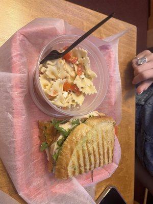 Chicken pesto panini & bow tie pasta salad