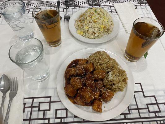 *Small* sesame tofu with fried rice (front) and *small* salted fish chicken fried rice (back) with hot green teas