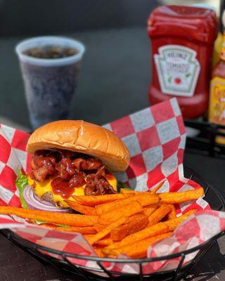 Whiskey Bacon Burger with Sweet Potato Fries