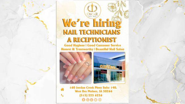 We're hiring nail technicians and a receptionist!