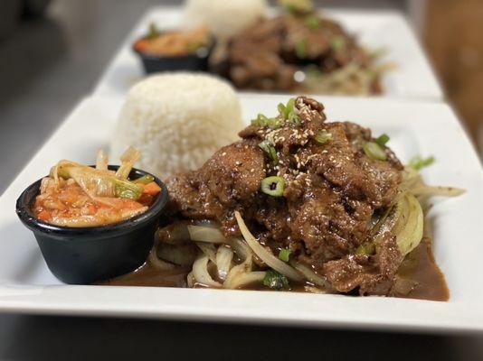 Beef bulgogi served with Kimchi salad and Jasmin rice.